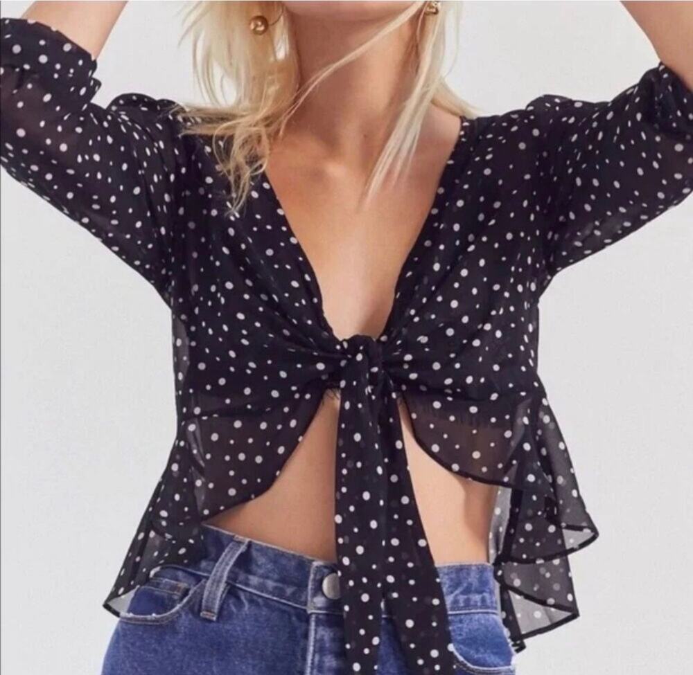 Kimchi Blue Urban Outfitters Polka Dot Black and White Wrap Tie Top Size XS